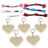 Heart Shape Wood Cross Stitch Keychain Kit, DIY Crochet Accessory