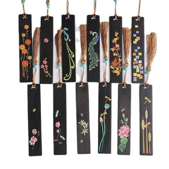 Custom Classical Chinese Style Black Wood Craft Bookmark with Dot Tassel Box