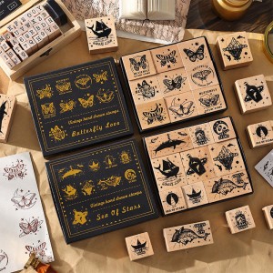 Custom Logo Wooden Rubber Stamp Set, Personalized Hand Drawn Animal & Butterfly Stamps