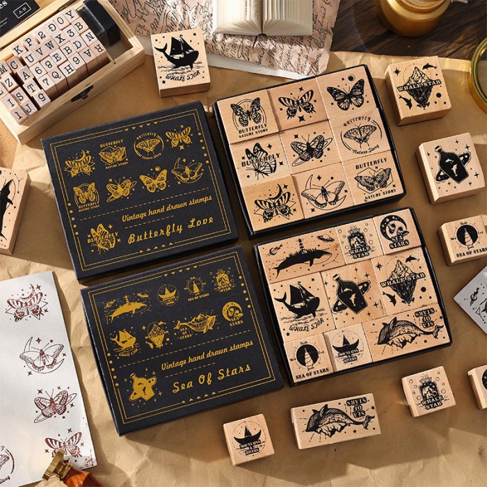 Custom Logo Personalized Wooden Rubber Stamp Set, Hand Drawn Animal & Butterfly Design