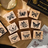 Custom Logo Personalized Wooden Rubber Stamp Set, Hand Drawn Animal & Butterfly Design