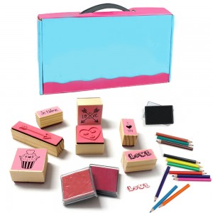 Kids Wooden Stamp Gift Set with Colored Pencils & Ink Pad, Custom Designs