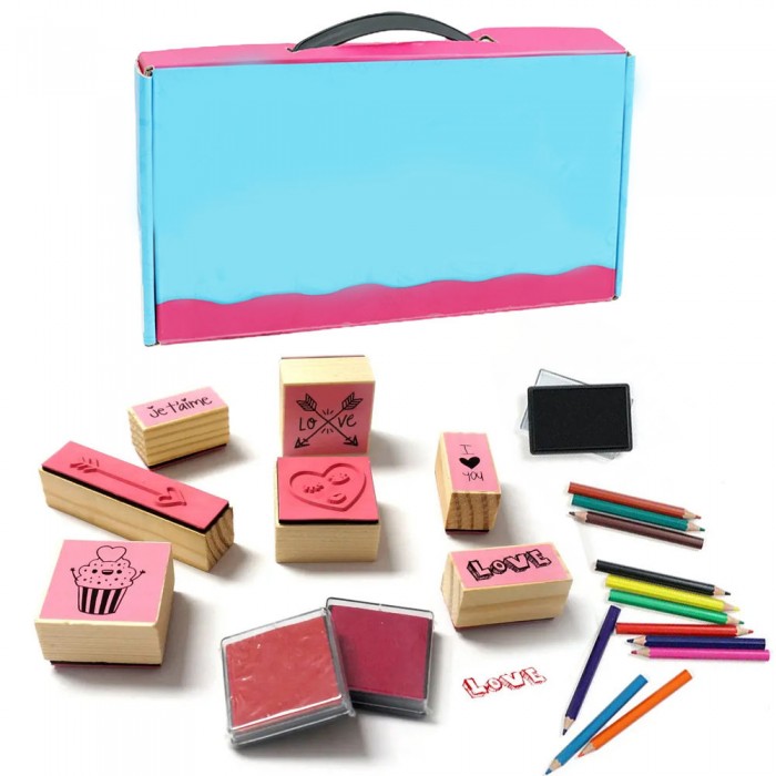 Kids Wooden Stamp Gift Set with Custom Stamps, Colored Pencils & Ink Pad