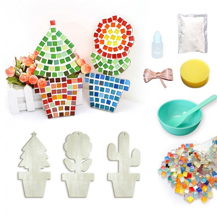Potted Plant Themed DIY Mosaic Wooden Ornament Kit - Customizable Home Decor Craft